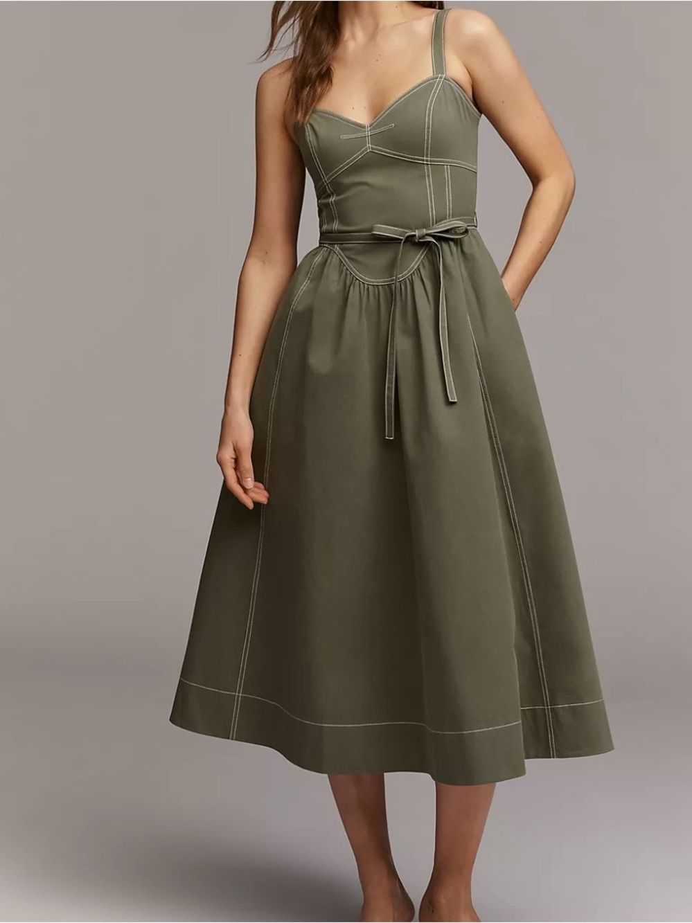 Anthropologie Mare Mare Green Midi Dress with Waist Tie